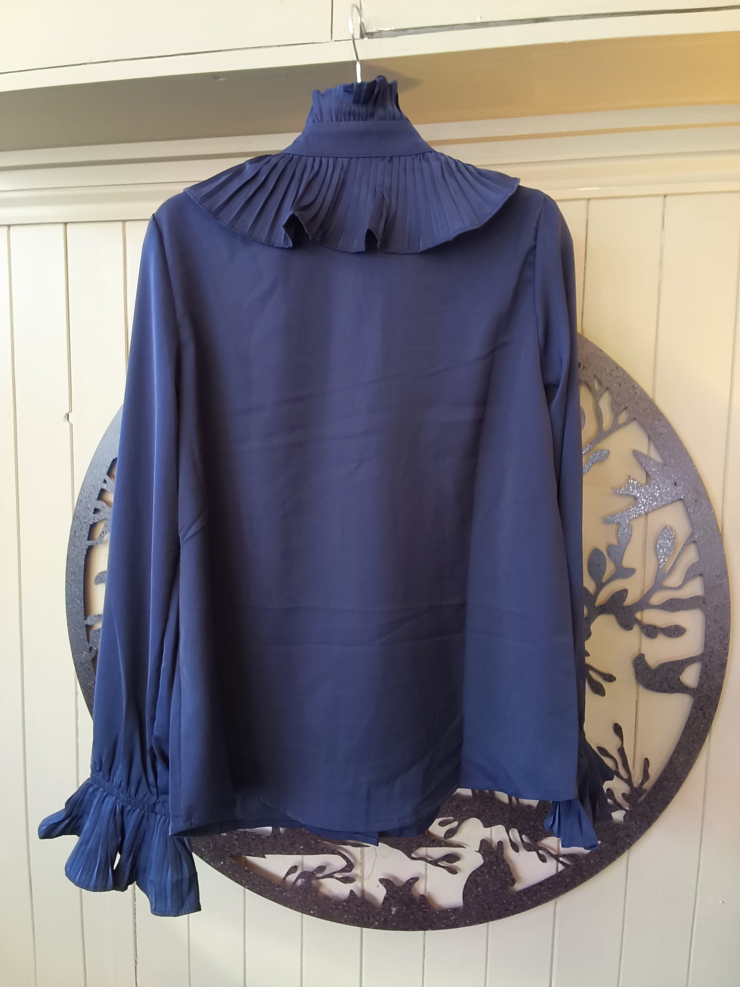 Pleated Navy Ruffle Blouse