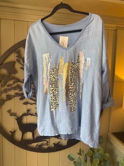 Foil Print V-Neck Top