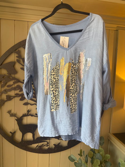 Foil Print V-Neck Top
