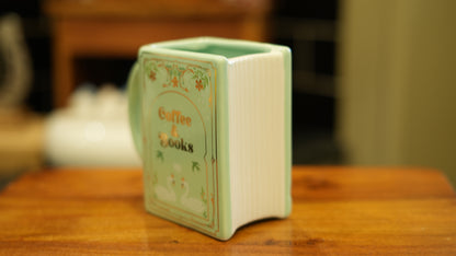 "Coffee & Books" Green Book Shaped Mug