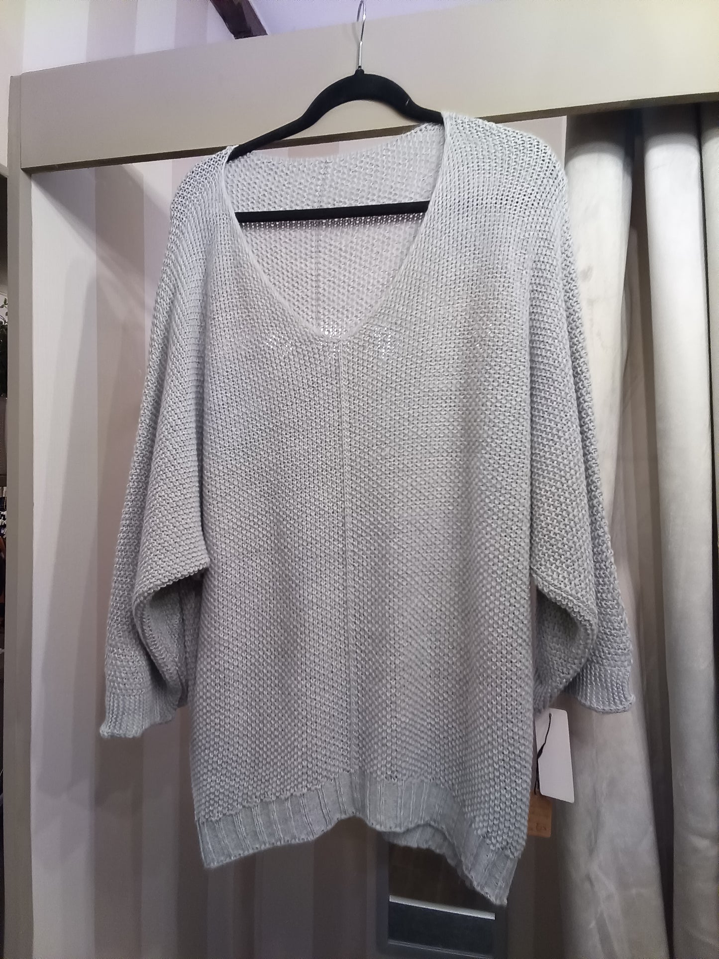 Grey V-Neck Crochet Jumper