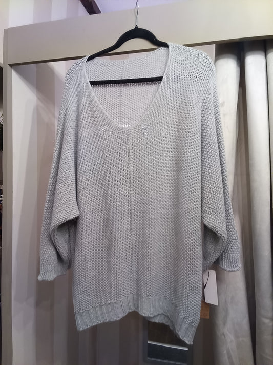 Grey V-Neck Crochet Jumper