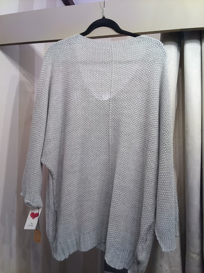 Grey V-Neck Crochet Jumper