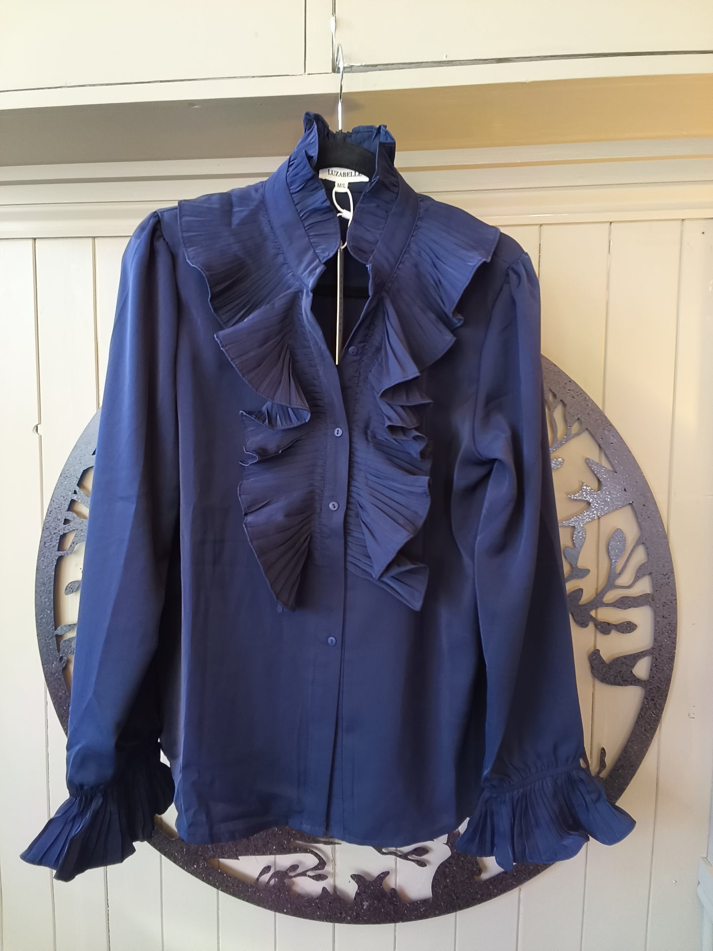 Pleated Navy Ruffle Blouse