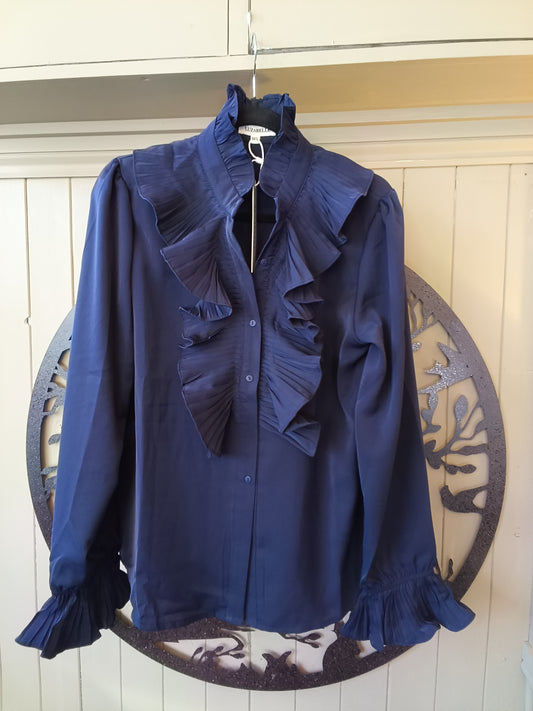 Pleated Navy Ruffle Blouse