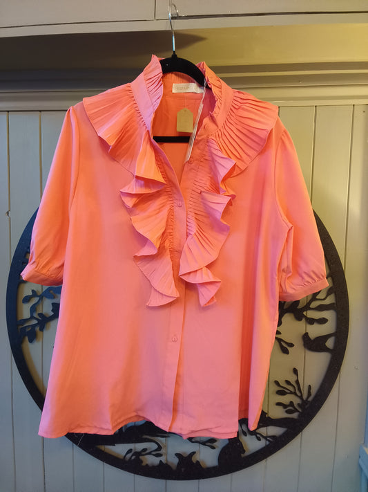 Short Sleeved Pleated Ruffle Blouse