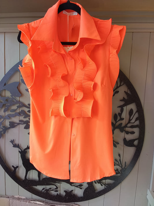 Orange Sleeveless Ruffle Blouse