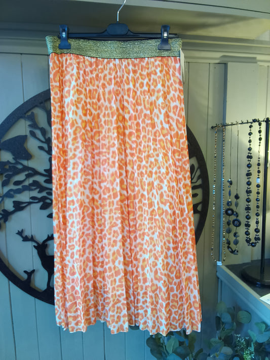 Orange Animal Print Pleated Skirt