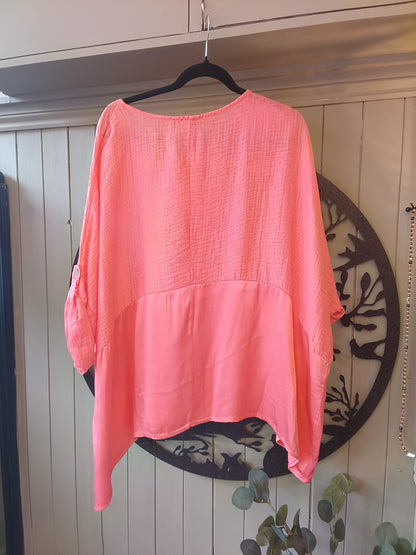 Coral Waffle & Satin Top