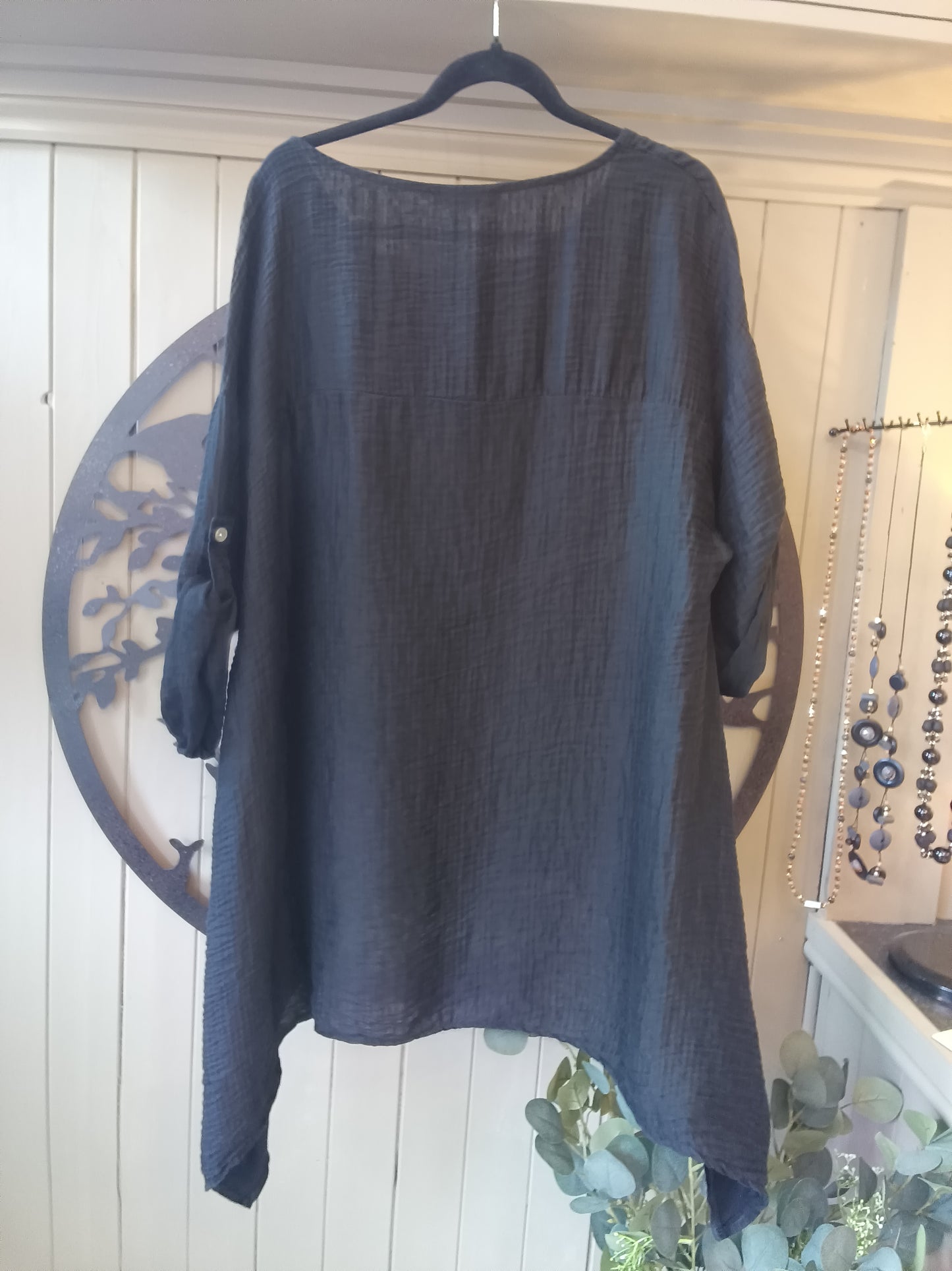 Black Waffle Top with Satin Pocket & Hem