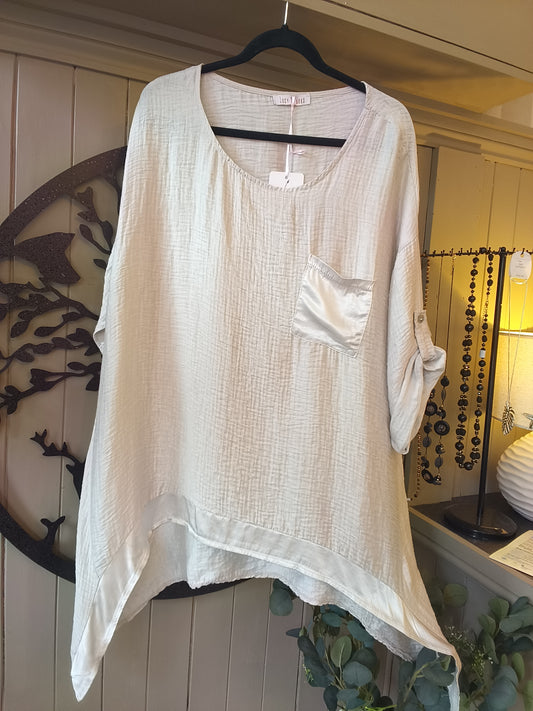 Beige Waffle Top with Satin Pocket & Hem